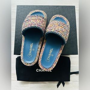Chanel multicolor blue purple tweed leather CC chain mules sandals NEW WITH BOX